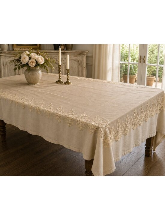 Unbranded Other - Vintage Champagne Lace Tablecloth 60 x 115 Floral Embroidered Tulle Overlay